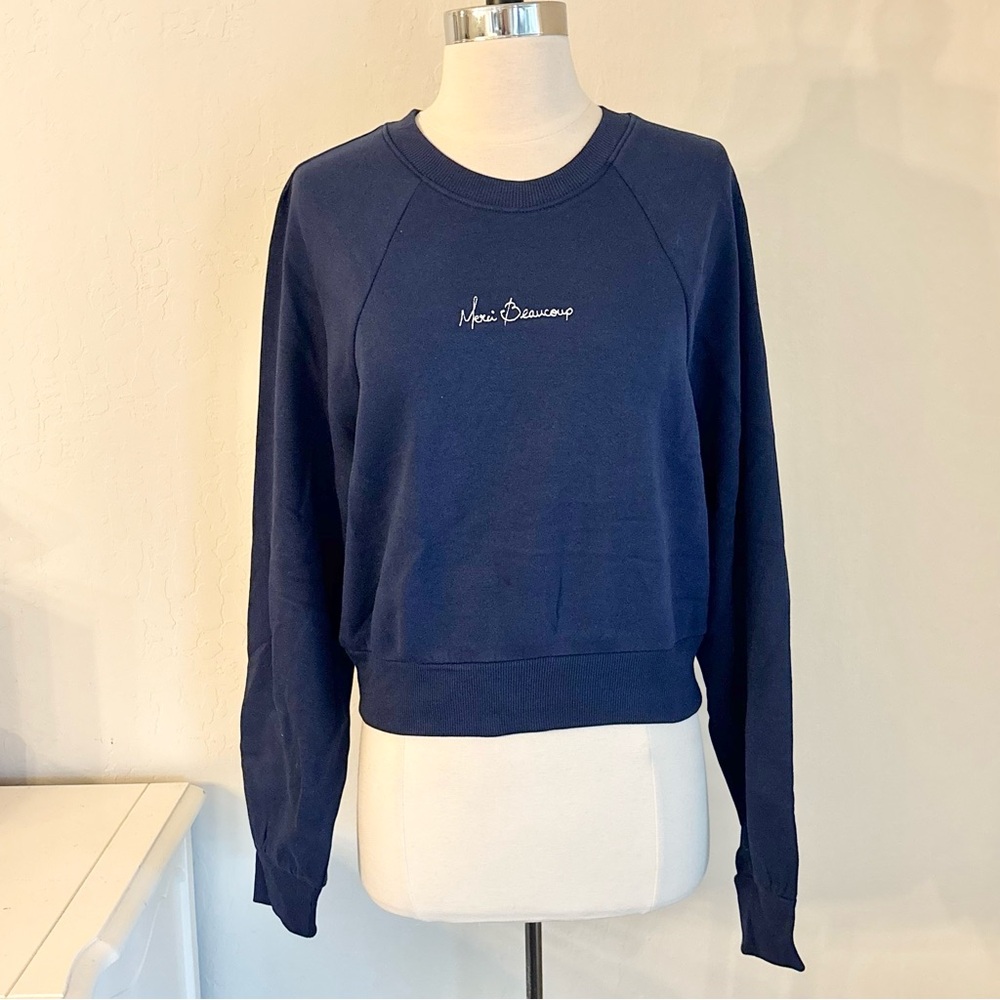 Maeve Embroidered “Merci Beaucoup” Shrunken Crew-Neck Sweatshirt Navy, Sz S NWT